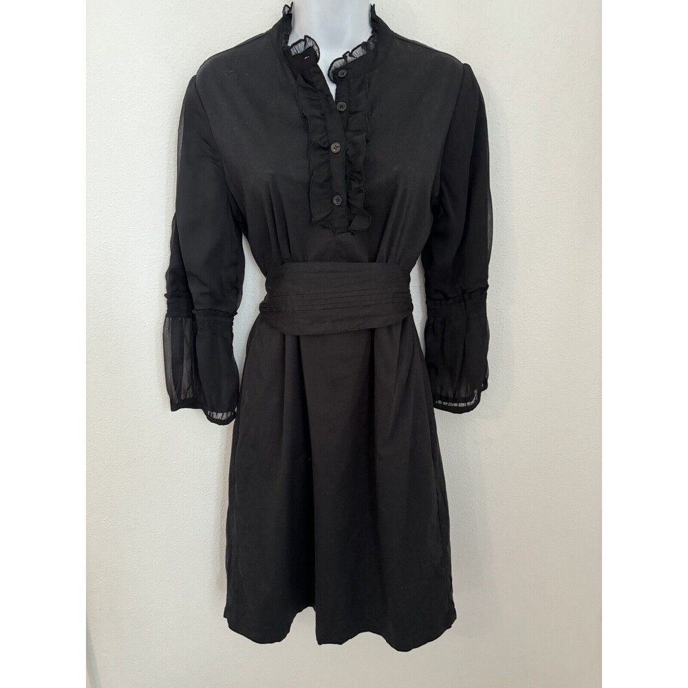 Almatrichi Spain Shirt Dress Medium sz 44/ 12 US Black Bell Sleeve Waist Tie